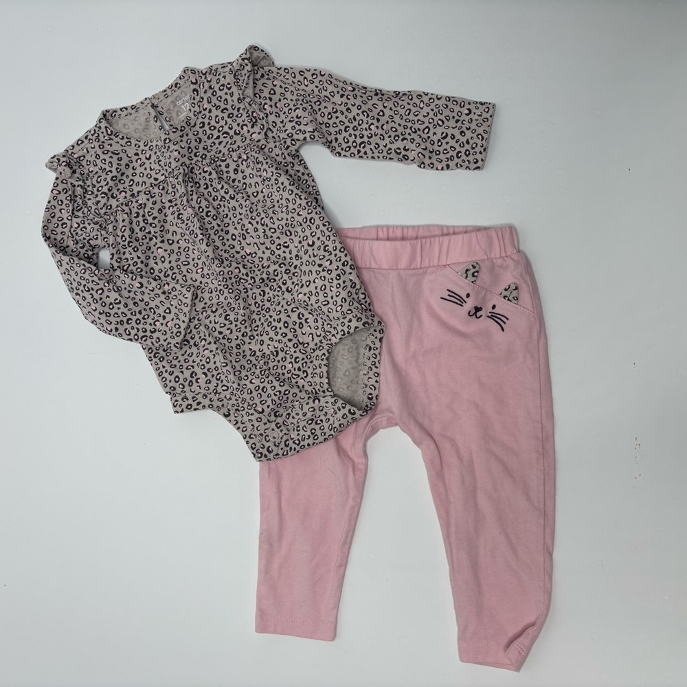 Carter’s 12M Leopard Print Bodysuit & Pink Cat Leggings Set
